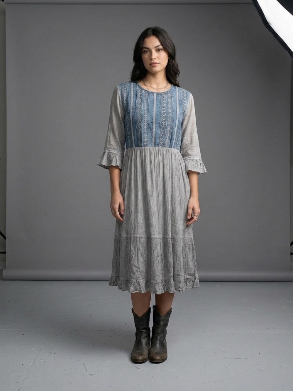 “The Willow” Gray Denim Embroidered Midi Dress